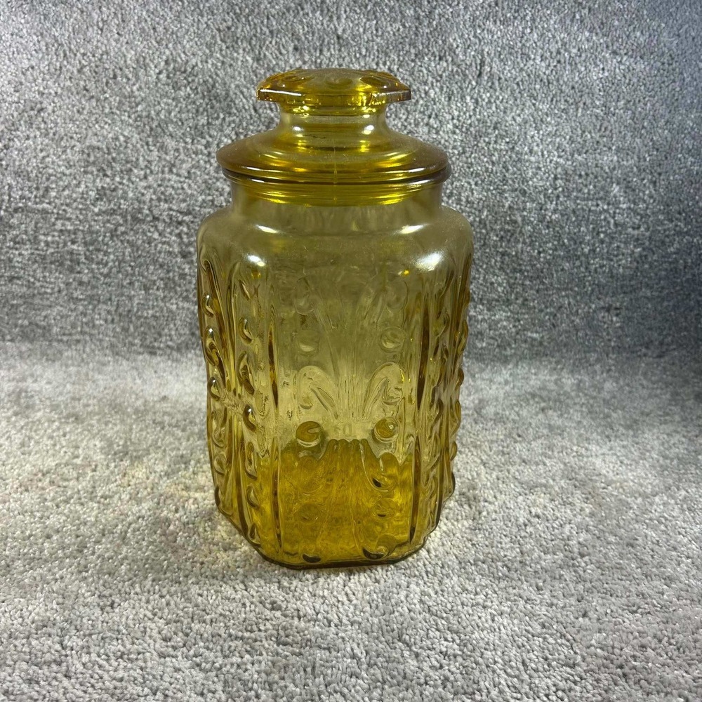 LE Smith Canister Amber Gold Atterbury Scroll Glass Vintage MCM Apothecary 9"
